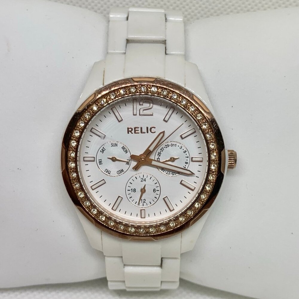 Relic women white rose gold tone wrist watch 37mm case day date hours running